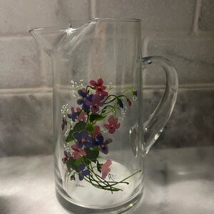 Glass Pitcher with Hand-Painted Purple & Pink Floral Design